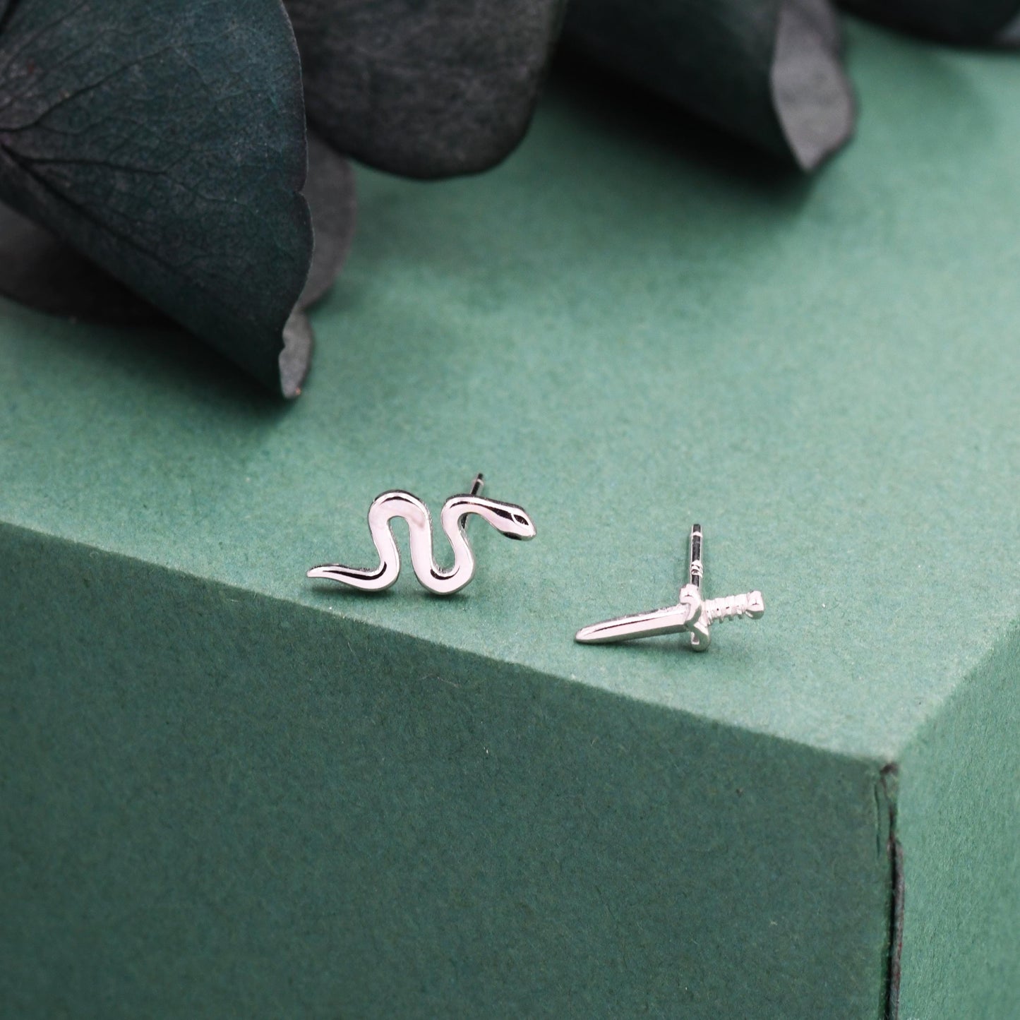 Mismatched Sword and Snake Stud Earrings in Sterling Silver, Silver or Gold Finish, Asymmetric Snake and Sword Earrings