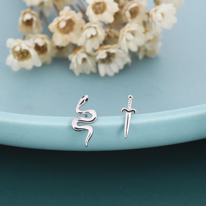 Mismatched Sword and Snake Stud Earrings in Sterling Silver, Silver or Gold Finish, Asymmetric Snake and Sword Earrings