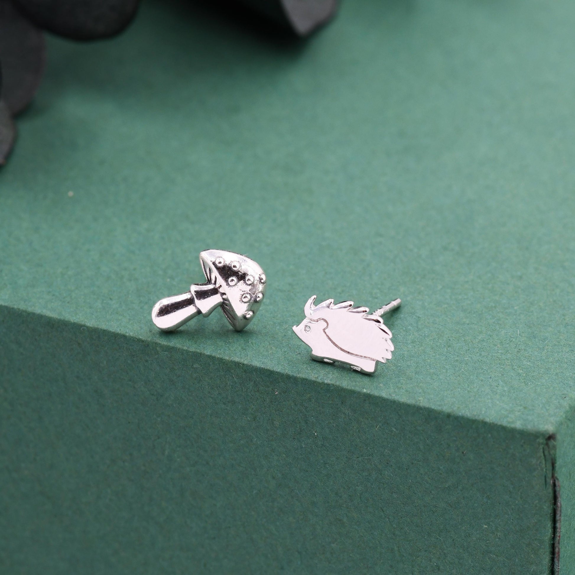 Mismatched Mushroom and Hedgehog Stud Earrings in Sterling Silver, Silver or Gold Finish, Oxidised Small Hedgehog and Mushroom Earrings