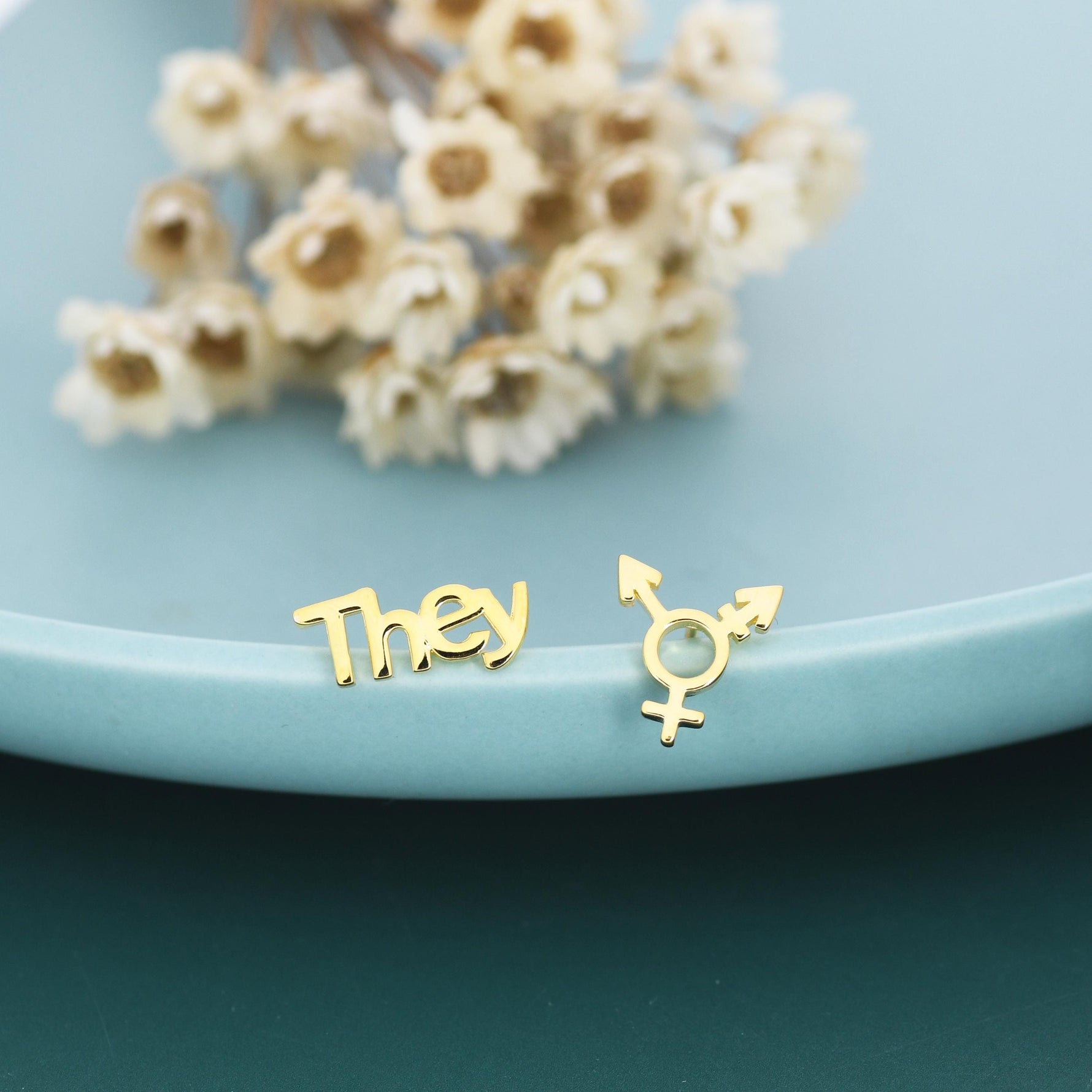 Sterling Silver "They" Pronoun & Transgender Symbol Mismatched Earrings, Asymmetric Trans Earrings, Silver or Gold or Rose Gold finish