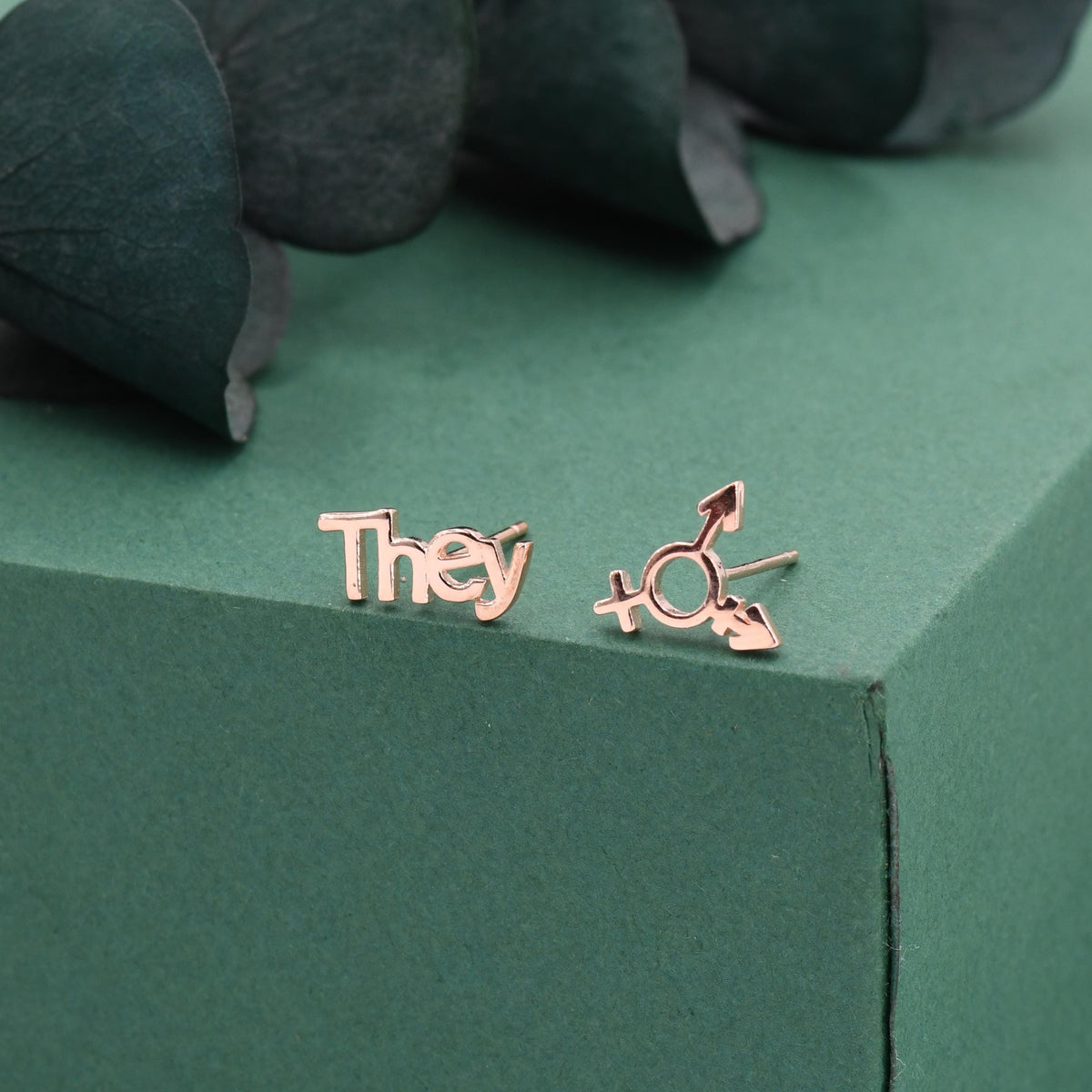 Sterling Silver "They" Pronoun & Transgender Symbol Mismatched Earrings, Asymmetric Trans Earrings, Silver or Gold or Rose Gold finish