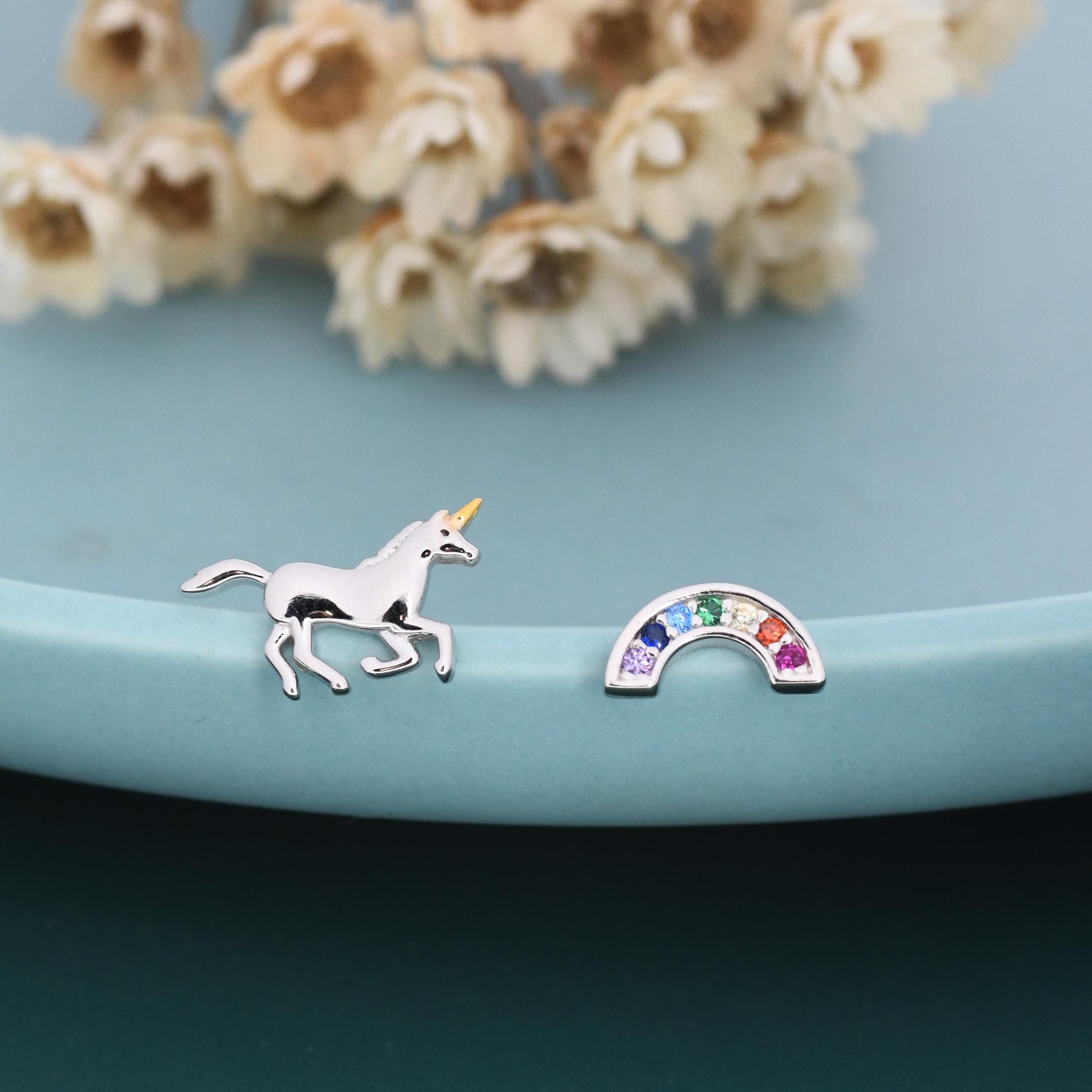 Asymmetric Unicorn and Rainbow Stud Earrings in Sterling Silver, Mismatched Rainbow and Unicorn Earrings, Unicorn Horse Earrings