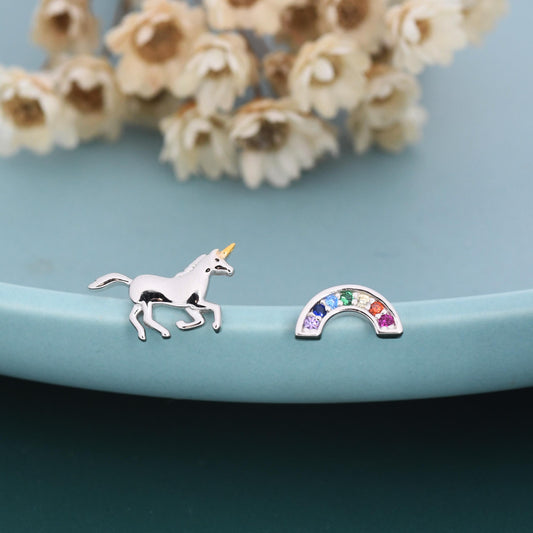 Asymmetric Unicorn and Rainbow Stud Earrings in Sterling Silver, Mismatched Rainbow and Unicorn Earrings, Unicorn Horse Earrings