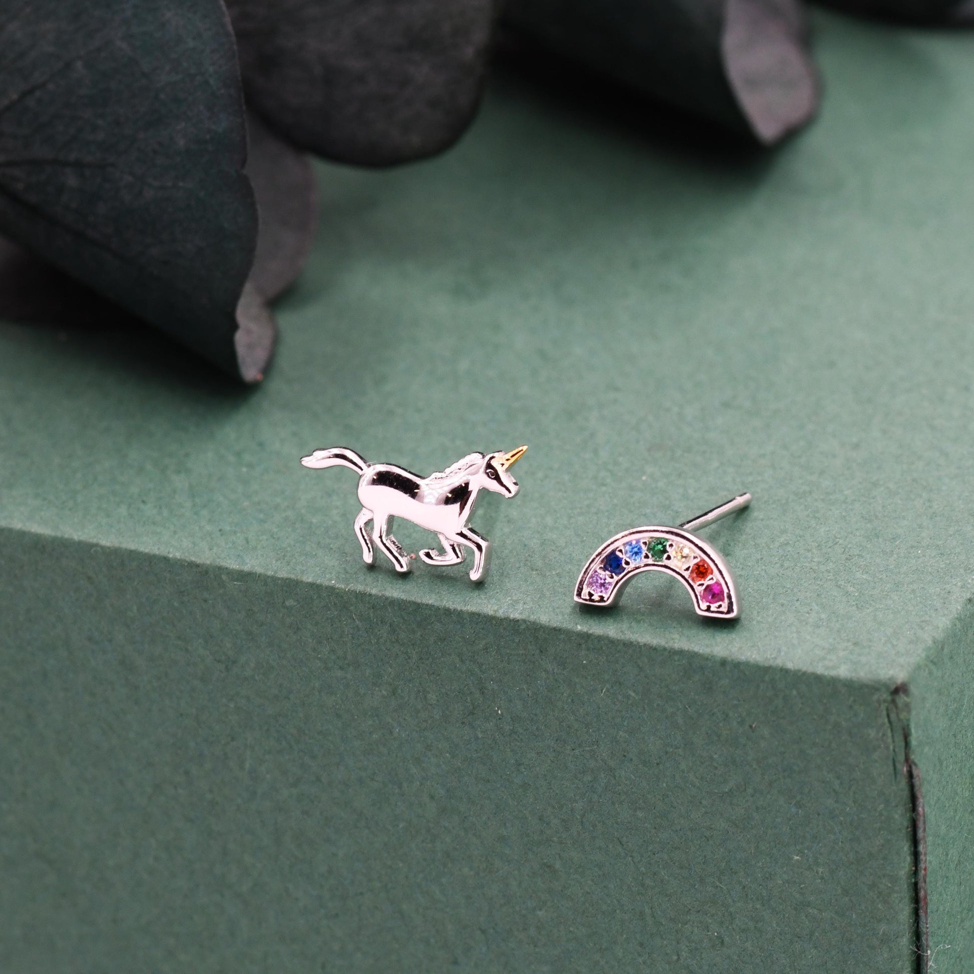 Asymmetric Unicorn and Rainbow Stud Earrings in Sterling Silver, Mismatched Rainbow and Unicorn Earrings, Unicorn Horse Earrings