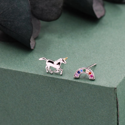 Asymmetric Unicorn and Rainbow Stud Earrings in Sterling Silver, Mismatched Rainbow and Unicorn Earrings, Unicorn Horse Earrings