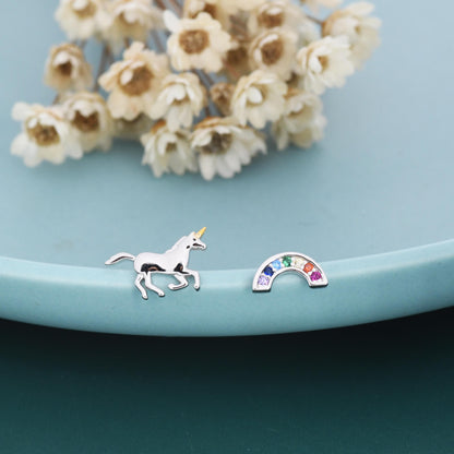 Asymmetric Unicorn and Rainbow Stud Earrings in Sterling Silver, Mismatched Rainbow and Unicorn Earrings, Unicorn Horse Earrings