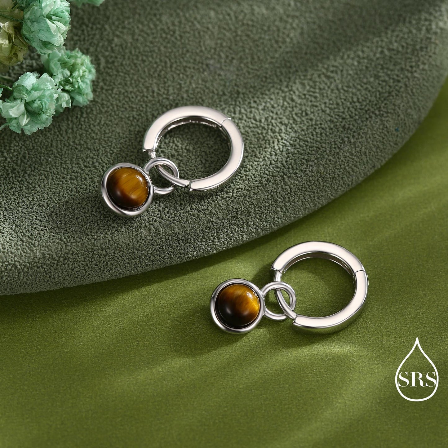 Semi-Precious Gemstone Cabochon Hoop Earrings in Sterling Silver, Detachable Natural Stone Coin Dangle Hoop Earrings, Interchangeable