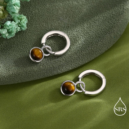 Semi-Precious Gemstone Cabochon Hoop Earrings in Sterling Silver, Detachable Natural Stone Coin Dangle Hoop Earrings, Interchangeable