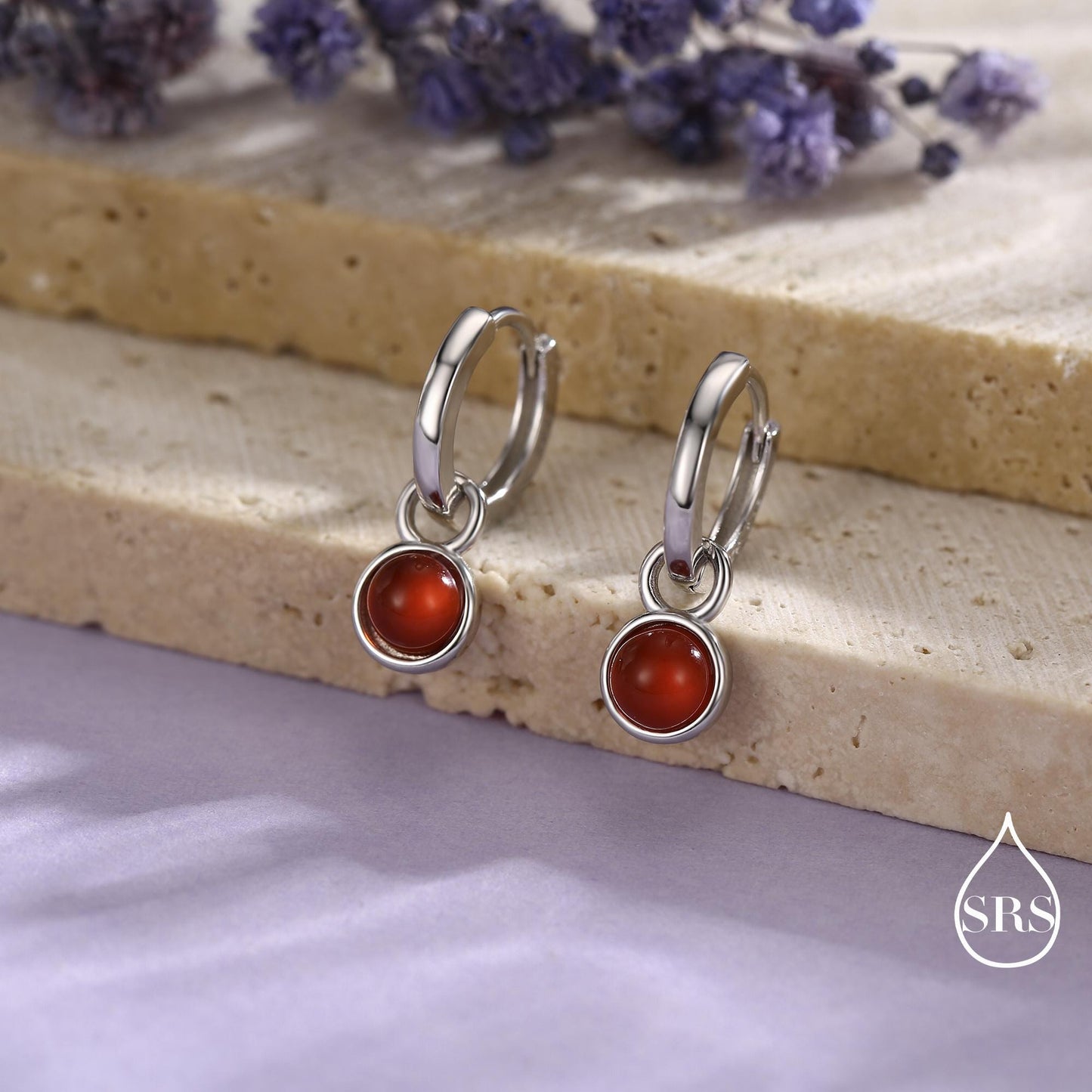 Semi-Precious Gemstone Cabochon Hoop Earrings in Sterling Silver, Detachable Natural Stone Coin Dangle Hoop Earrings, Interchangeable