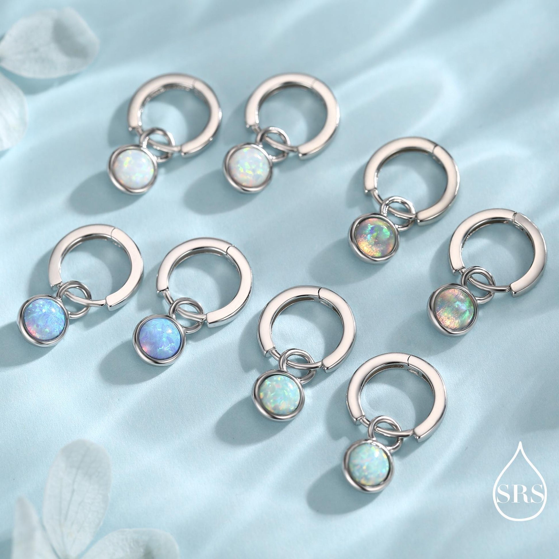 Sterling Silver Dangling Opal Hoop Earrings, Blue Opal Hoops, Detachable Opal Charm Dangle Hoop Earrings, Silver or Gold, Interchangeable