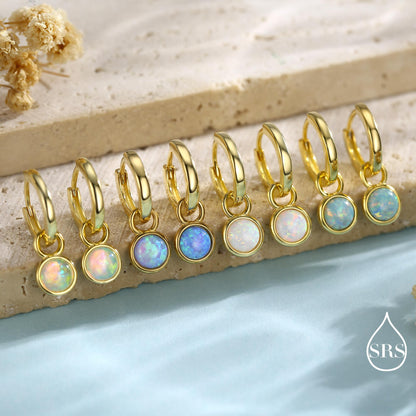 Sterling Silver Dangling Opal Hoop Earrings, Blue Opal Hoops, Detachable Opal Charm Dangle Hoop Earrings, Silver or Gold, Interchangeable