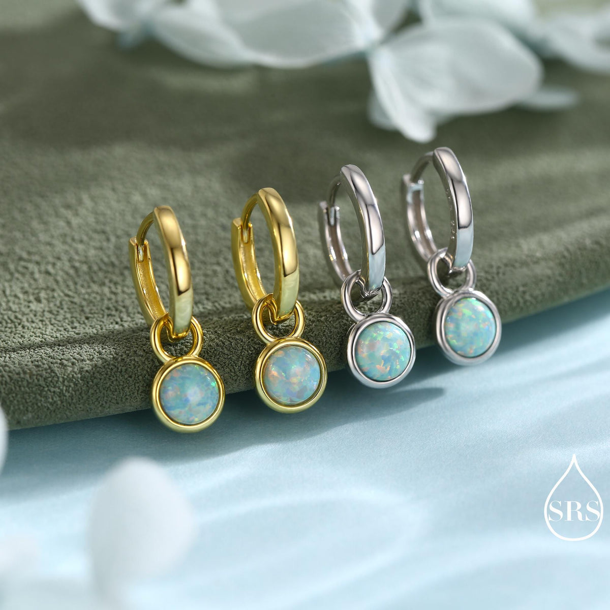 Sterling Silver Dangling Opal Hoop Earrings, Blue Opal Hoops, Detachable Opal Charm Dangle Hoop Earrings, Silver or Gold, Interchangeable