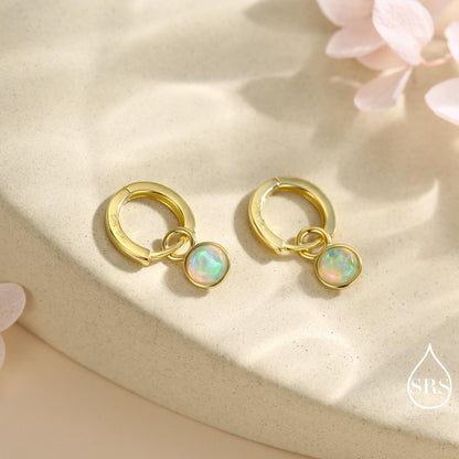 Sterling Silver Dangling Opal Hoop Earrings, Blue Opal Hoops, Detachable Opal Charm Dangle Hoop Earrings, Silver or Gold, Interchangeable