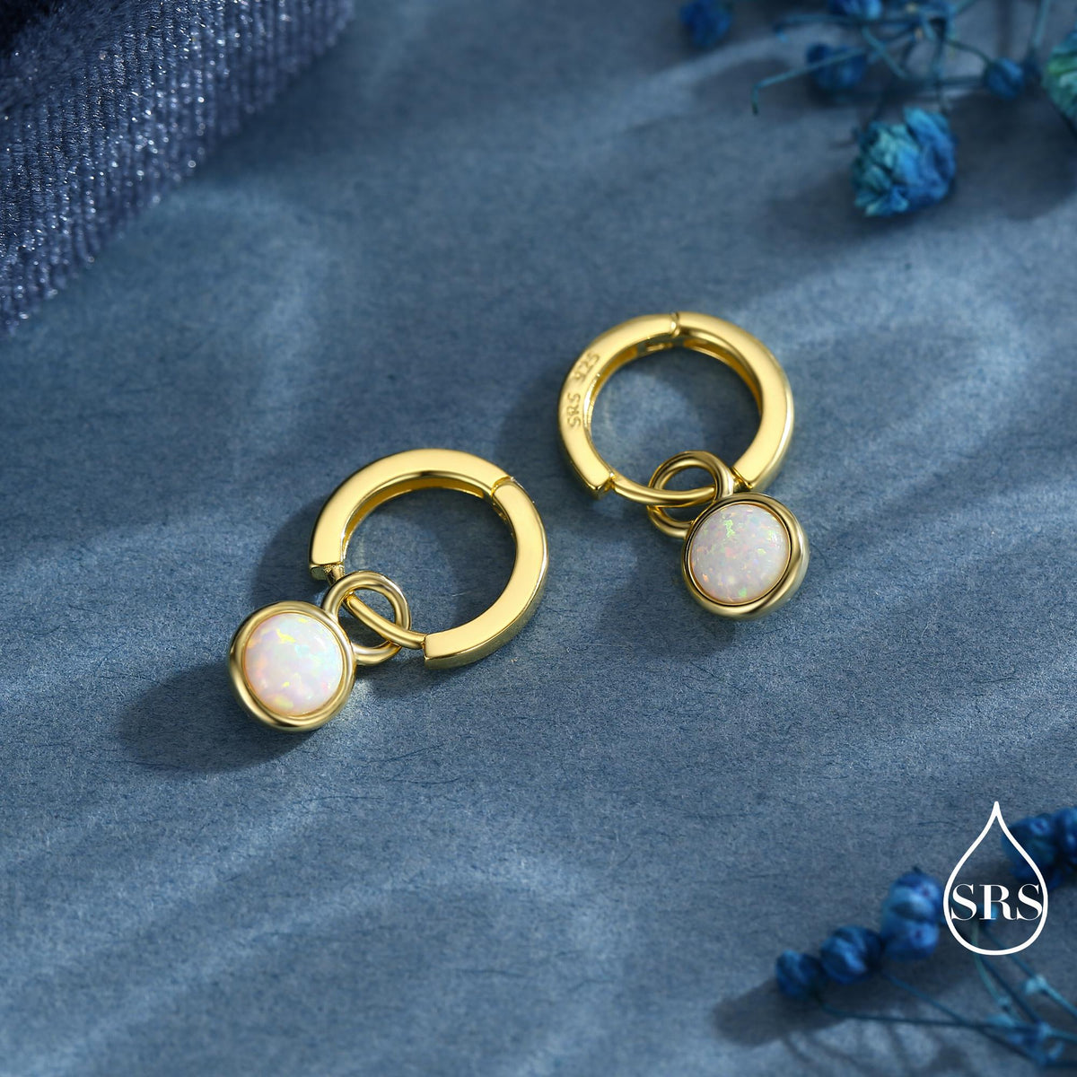 Sterling Silver Dangling Opal Hoop Earrings, Blue Opal Hoops, Detachable Opal Charm Dangle Hoop Earrings, Silver or Gold, Interchangeable