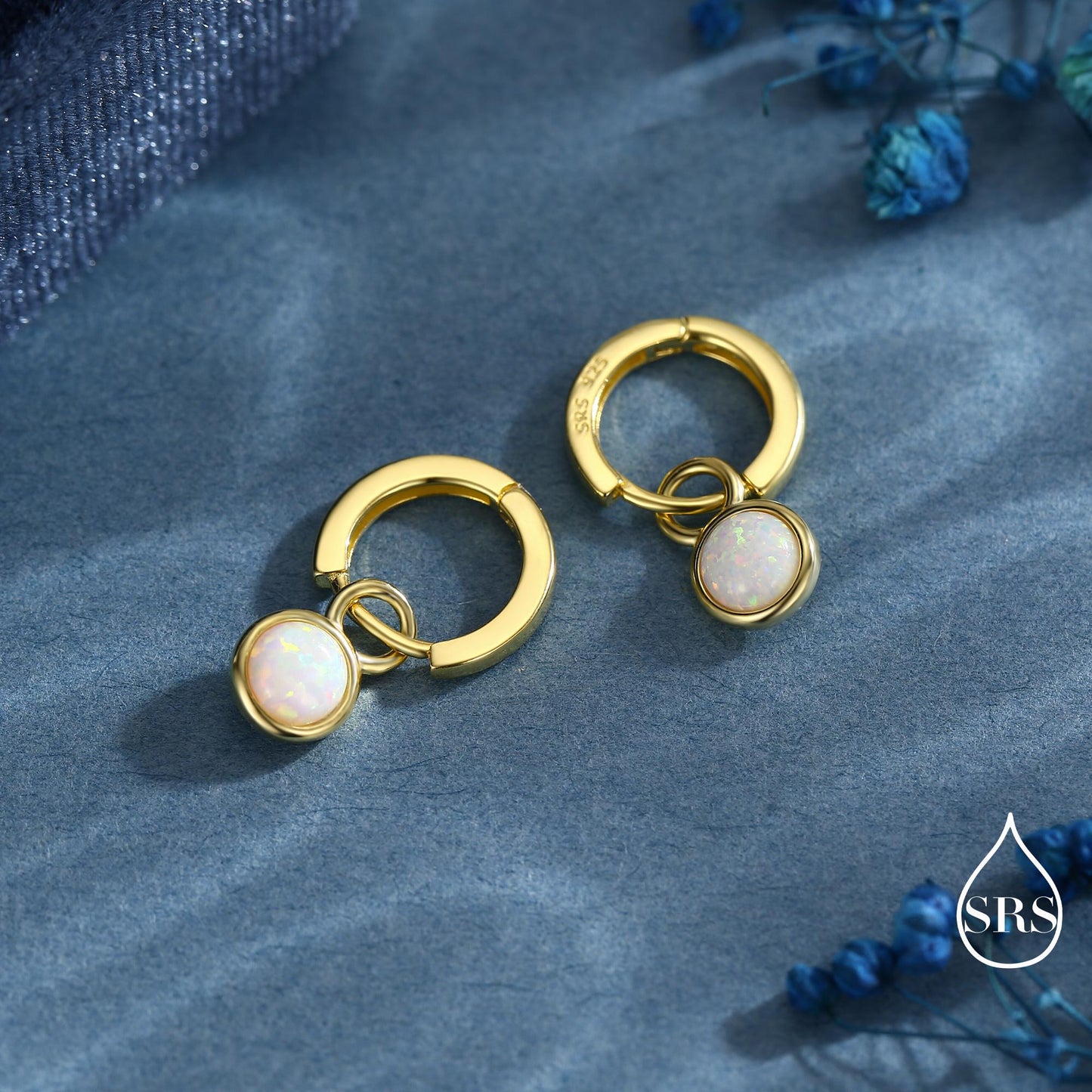 Sterling Silver Dangling Opal Hoop Earrings, Blue Opal Hoops, Detachable Opal Charm Dangle Hoop Earrings, Silver or Gold, Interchangeable