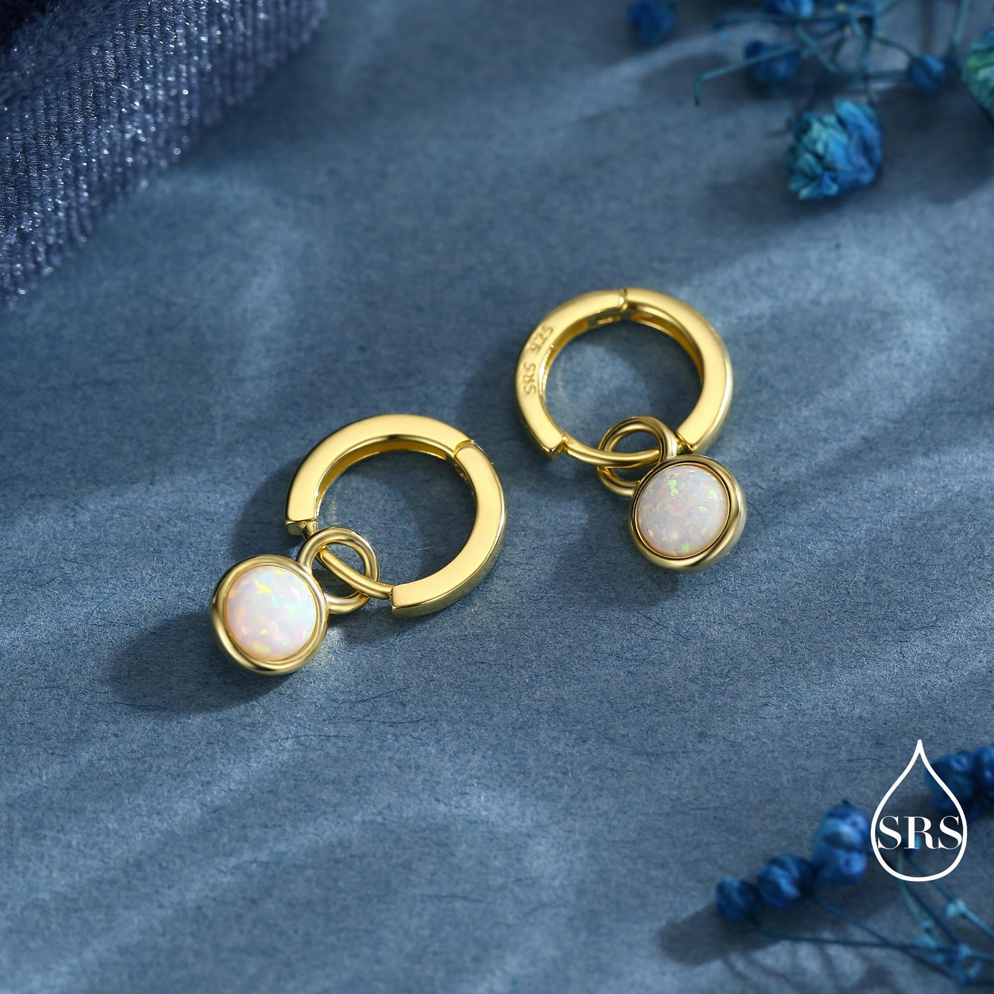 Sterling Silver Dangling Opal Hoop Earrings, Blue Opal Hoops, Detachable Opal Charm Dangle Hoop Earrings, Silver or Gold, Interchangeable