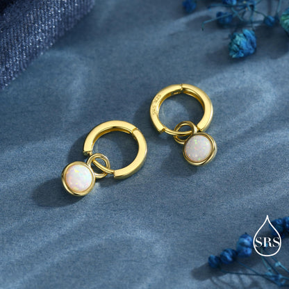 Sterling Silver Dangling Opal Hoop Earrings, Blue Opal Hoops, Detachable Opal Charm Dangle Hoop Earrings, Silver or Gold, Interchangeable