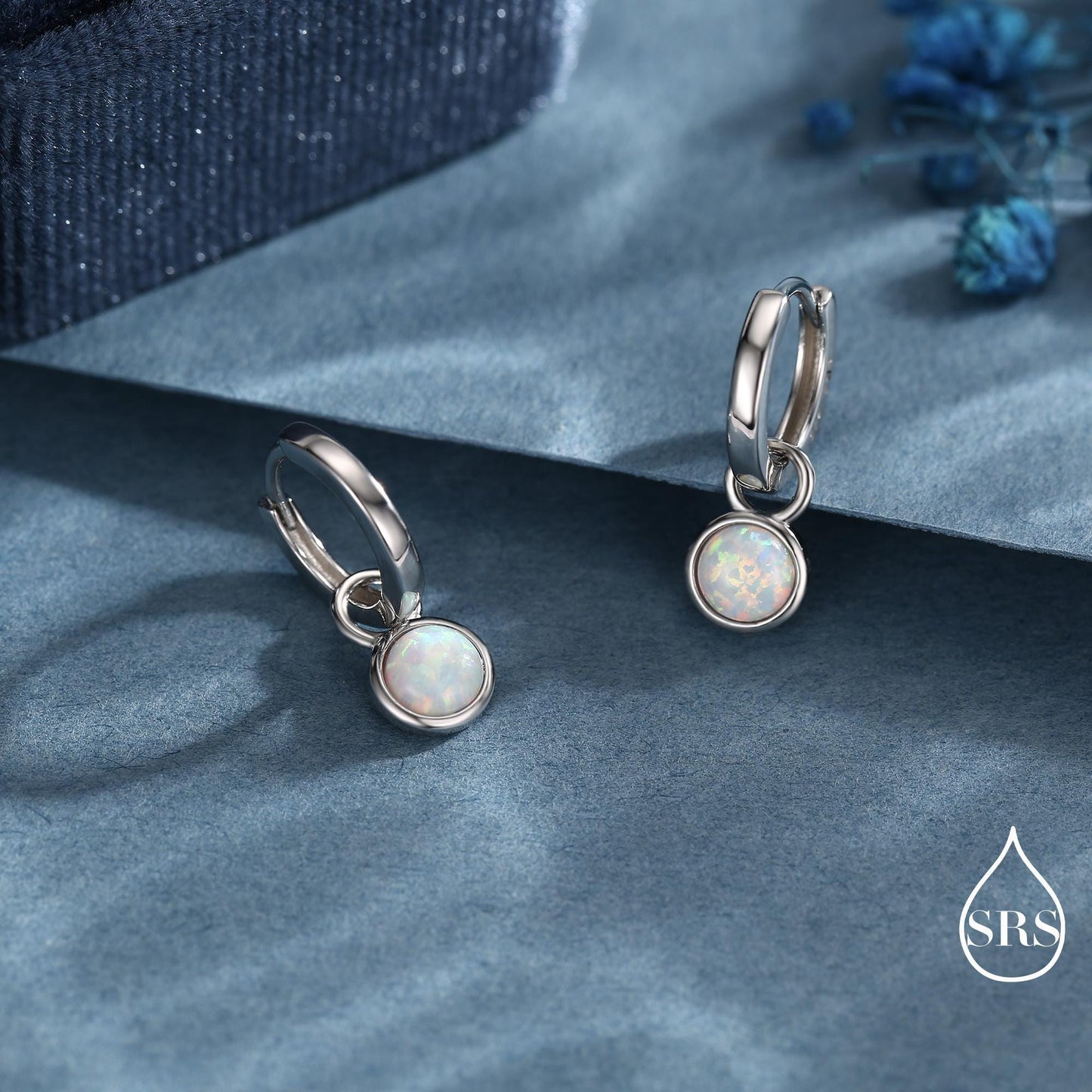 Sterling Silver Dangling Opal Hoop Earrings, Blue Opal Hoops, Detachable Opal Charm Dangle Hoop Earrings, Silver or Gold, Interchangeable