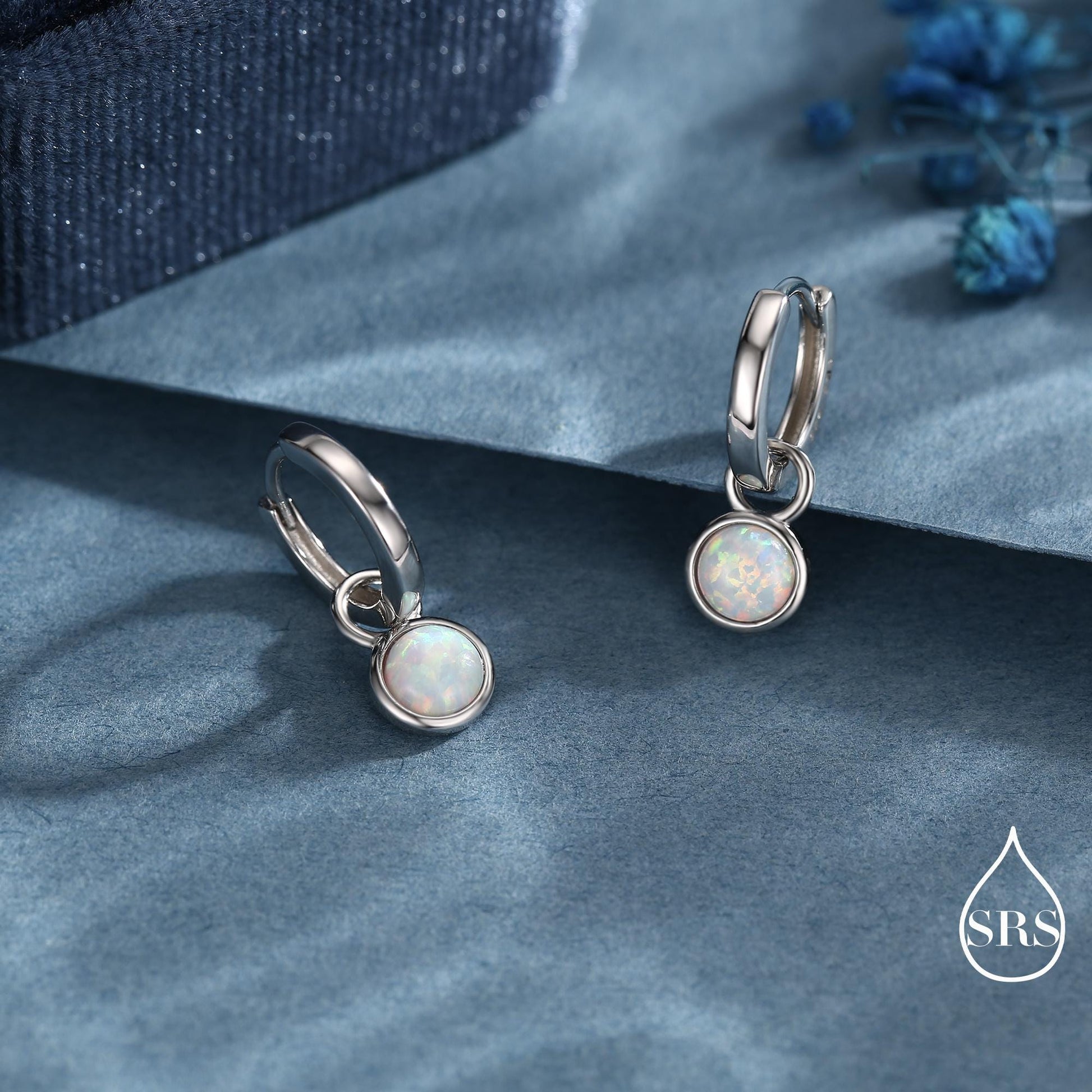 Sterling Silver Dangling Opal Hoop Earrings, Blue Opal Hoops, Detachable Opal Charm Dangle Hoop Earrings, Silver or Gold, Interchangeable