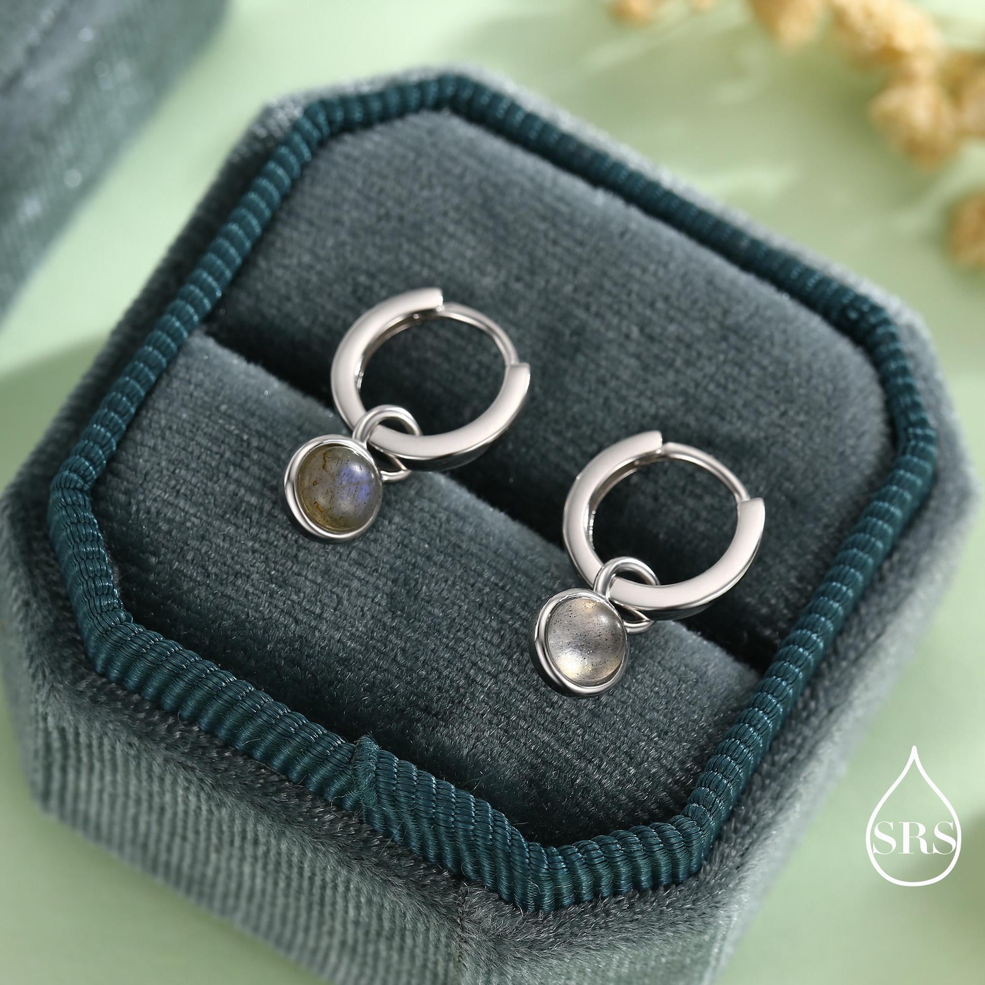 Genuine Gemstone Cabochon Hoop Earrings in Sterling Silver, Detachable Natural Stone Coin Dangle Hoop Earrings, Interchangeable