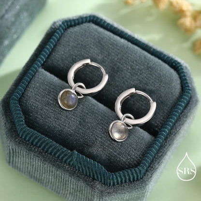 Genuine Gemstone Cabochon Hoop Earrings in Sterling Silver, Detachable Natural Stone Coin Dangle Hoop Earrings, Interchangeable