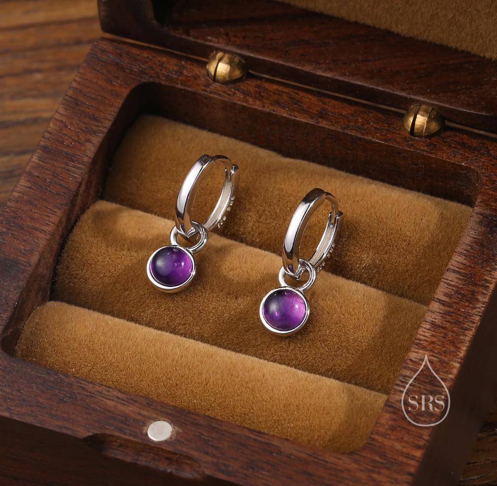 Genuine Gemstone Cabochon Hoop Earrings in Sterling Silver, Detachable Natural Stone Coin Dangle Hoop Earrings, Interchangeable