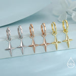 Sterling Silver Chunky Star Huggie Hoop Earrings, Detachable Cross Charm, Cross Dangle Hoop Earrings, Silver, Gold or Rose Gold
