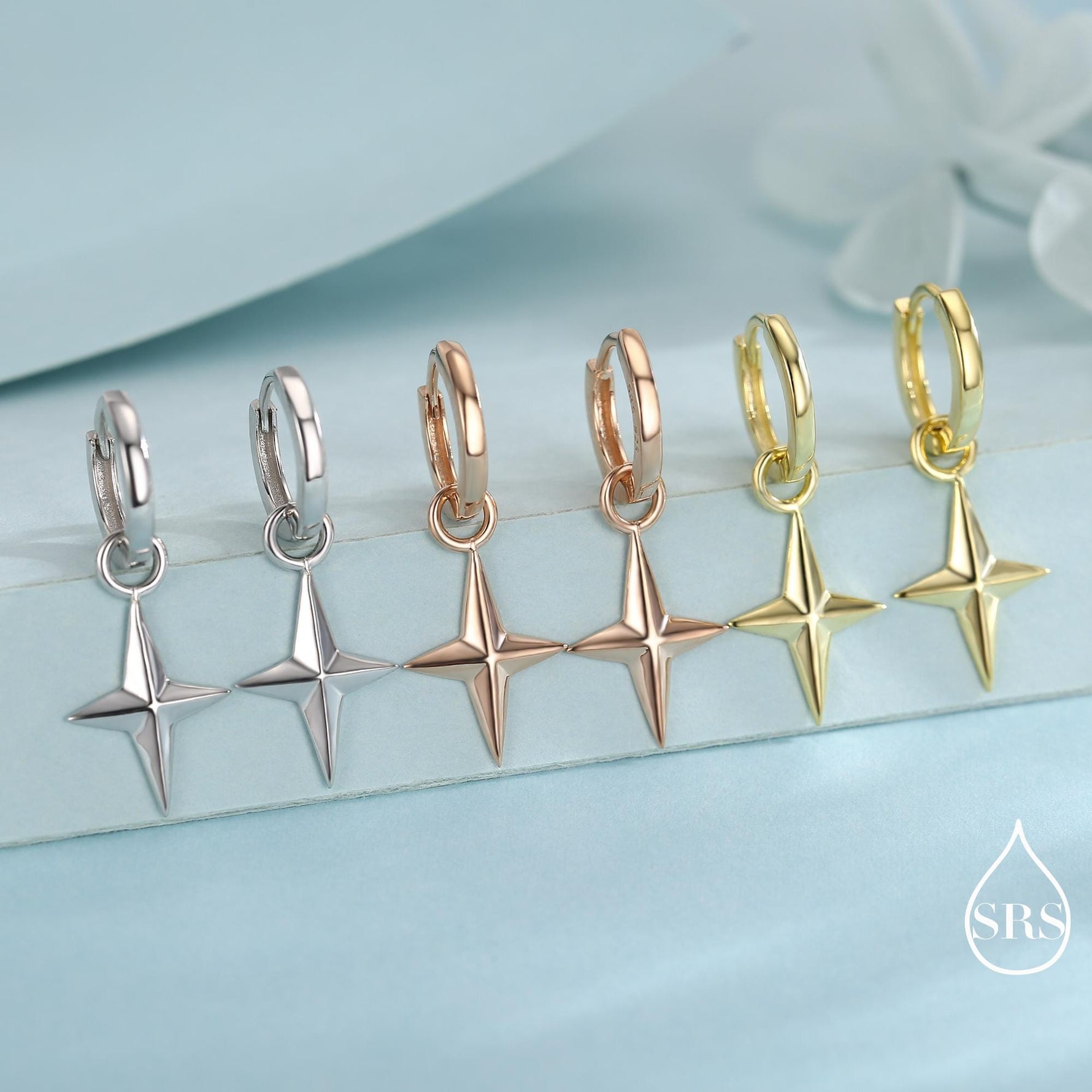 Sterling Silver Chunky Star Huggie Hoop Earrings, Detachable Cross Charm, Cross Dangle Hoop Earrings, Silver, Gold or Rose Gold