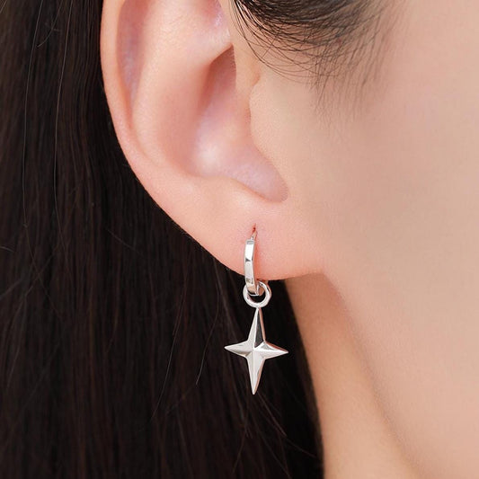 Sterling Silver Chunky Star Huggie Hoop Earrings, Detachable Cross Charm, Cross Dangle Hoop Earrings, Silver, Gold or Rose Gold