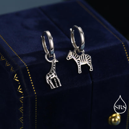 Sterling Silver Mismatched Zebra and Giraffe Hoop Earrings – Safari Animal Jewellery for Nature Lovers, Detachable Hoops