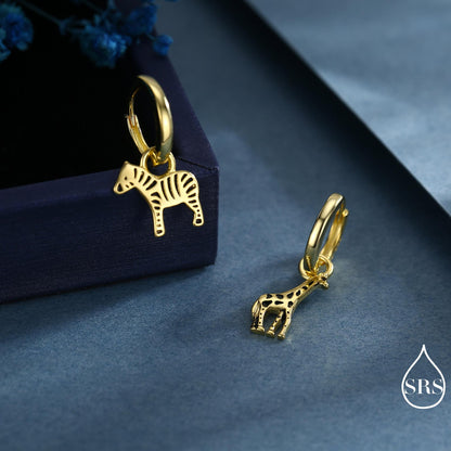Sterling Silver Mismatched Zebra and Giraffe Hoop Earrings – Safari Animal Jewellery for Nature Lovers, Detachable Hoops