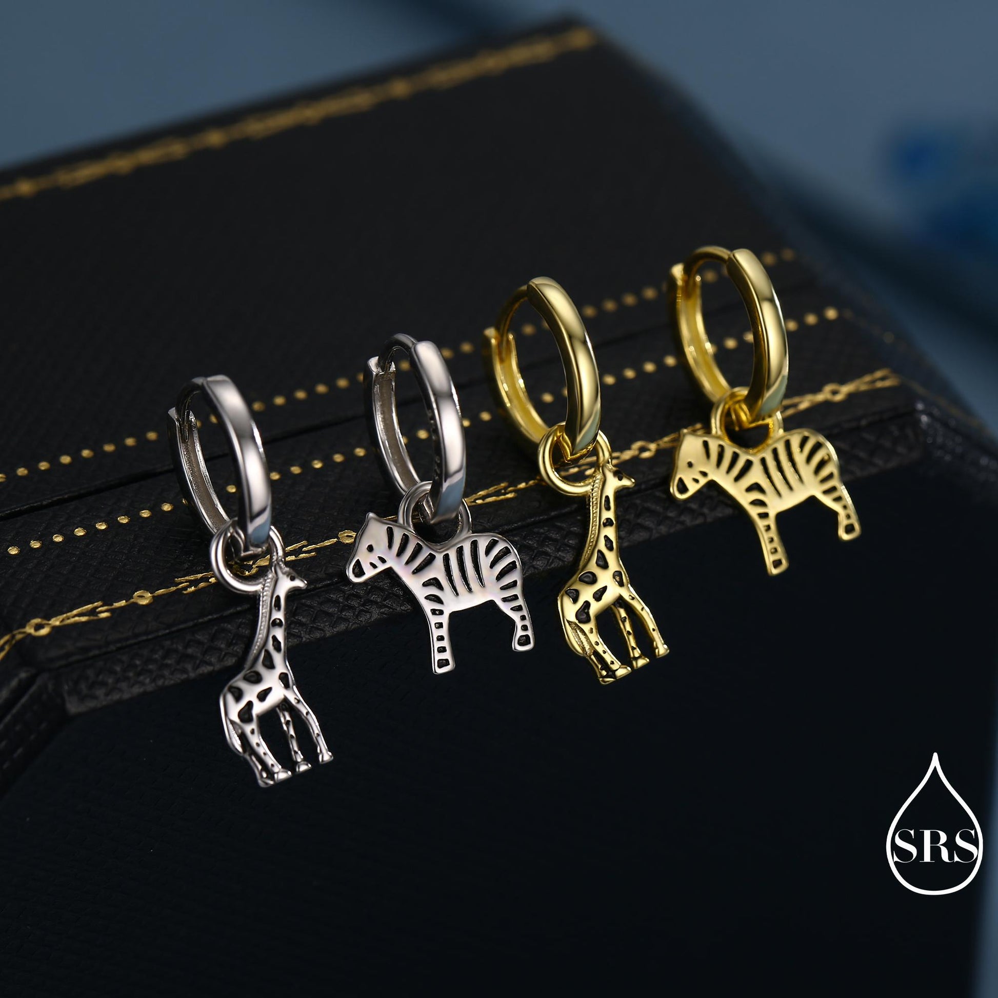 Sterling Silver Mismatched Zebra and Giraffe Hoop Earrings – Safari Animal Jewellery for Nature Lovers, Detachable Hoops