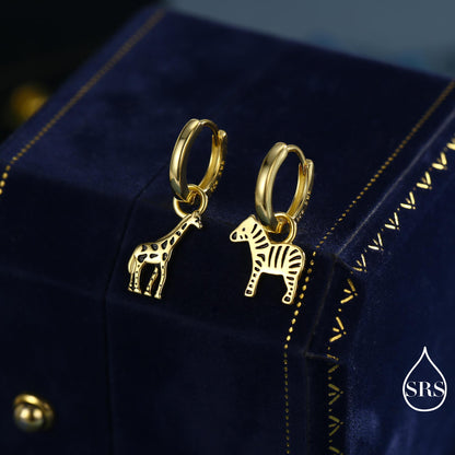 Sterling Silver Mismatched Zebra and Giraffe Hoop Earrings – Safari Animal Jewellery for Nature Lovers, Detachable Hoops