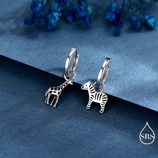 Sterling Silver Mismatched Zebra and Giraffe Hoop Earrings – Safari Animal Jewellery for Nature Lovers, Detachable Hoops