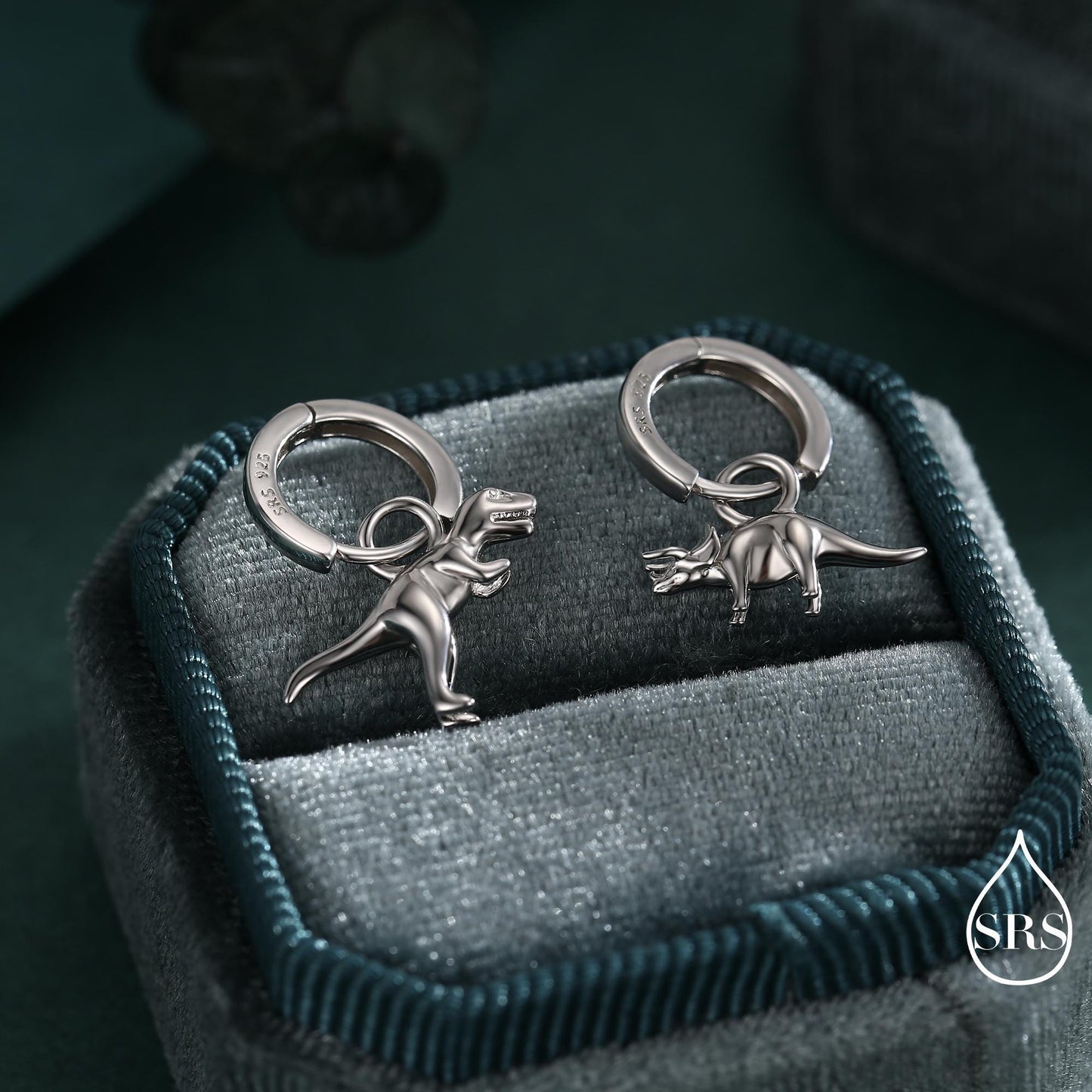 Sterling Silver Mismatched T-Rex and Triceratops Hoop Earrings – Dinosaur Jewellery for Prehistoric Lovers, with Detachable Charms