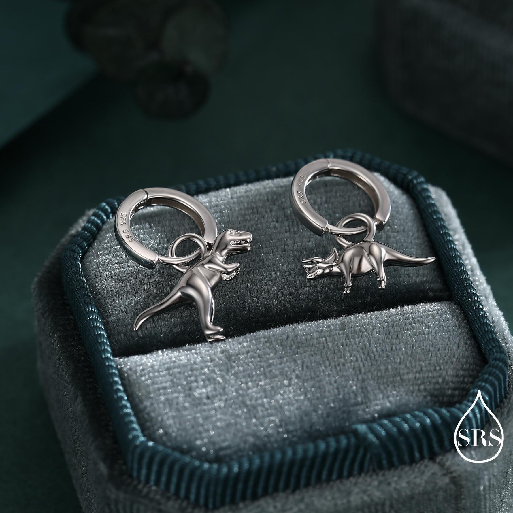 Sterling Silver Mismatched T-Rex and Triceratops Hoop Earrings – Dinosaur Jewellery for Prehistoric Lovers, with Detachable Charms