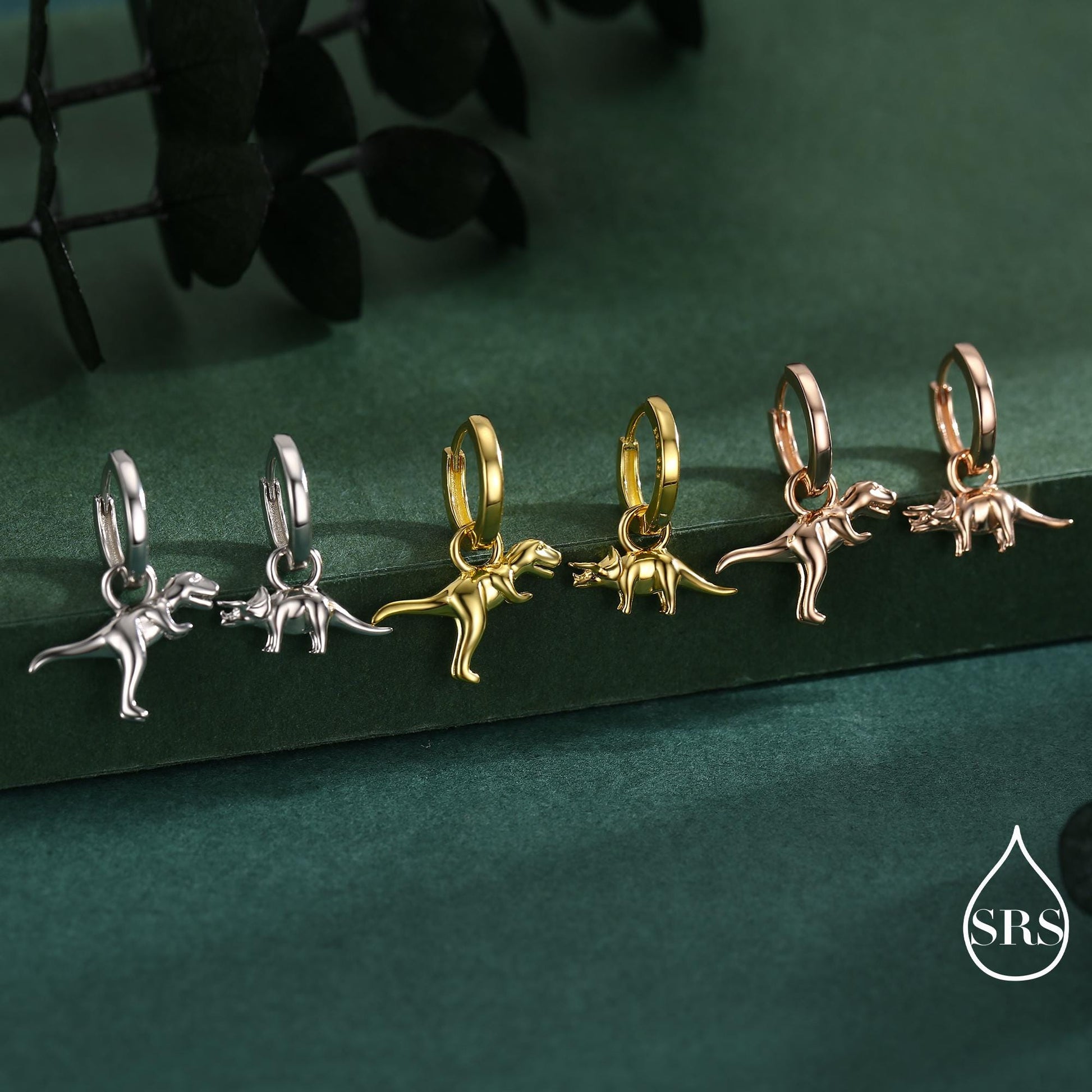 Sterling Silver Mismatched T-Rex and Triceratops Hoop Earrings – Dinosaur Jewellery for Prehistoric Lovers, with Detachable Charms