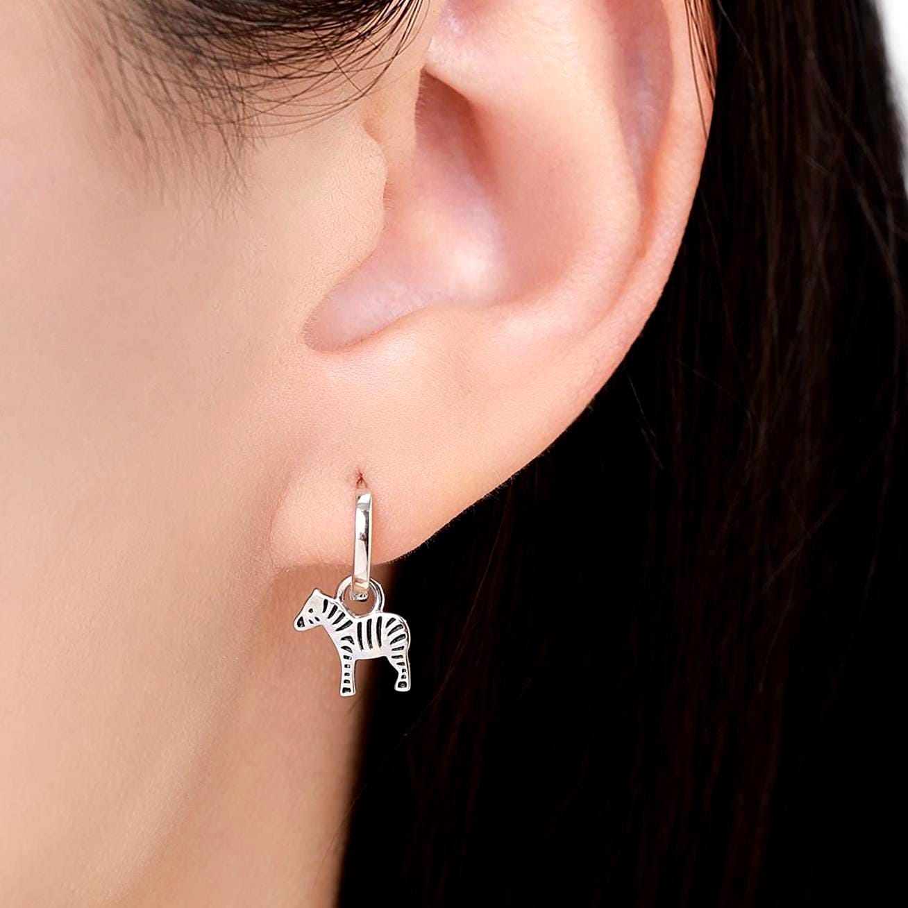 Sterling Silver Zebra Dangle Hoop Earrings, Silver or Gold, Zebra Huggie Hoops, Interchangeable Charms, Detachable