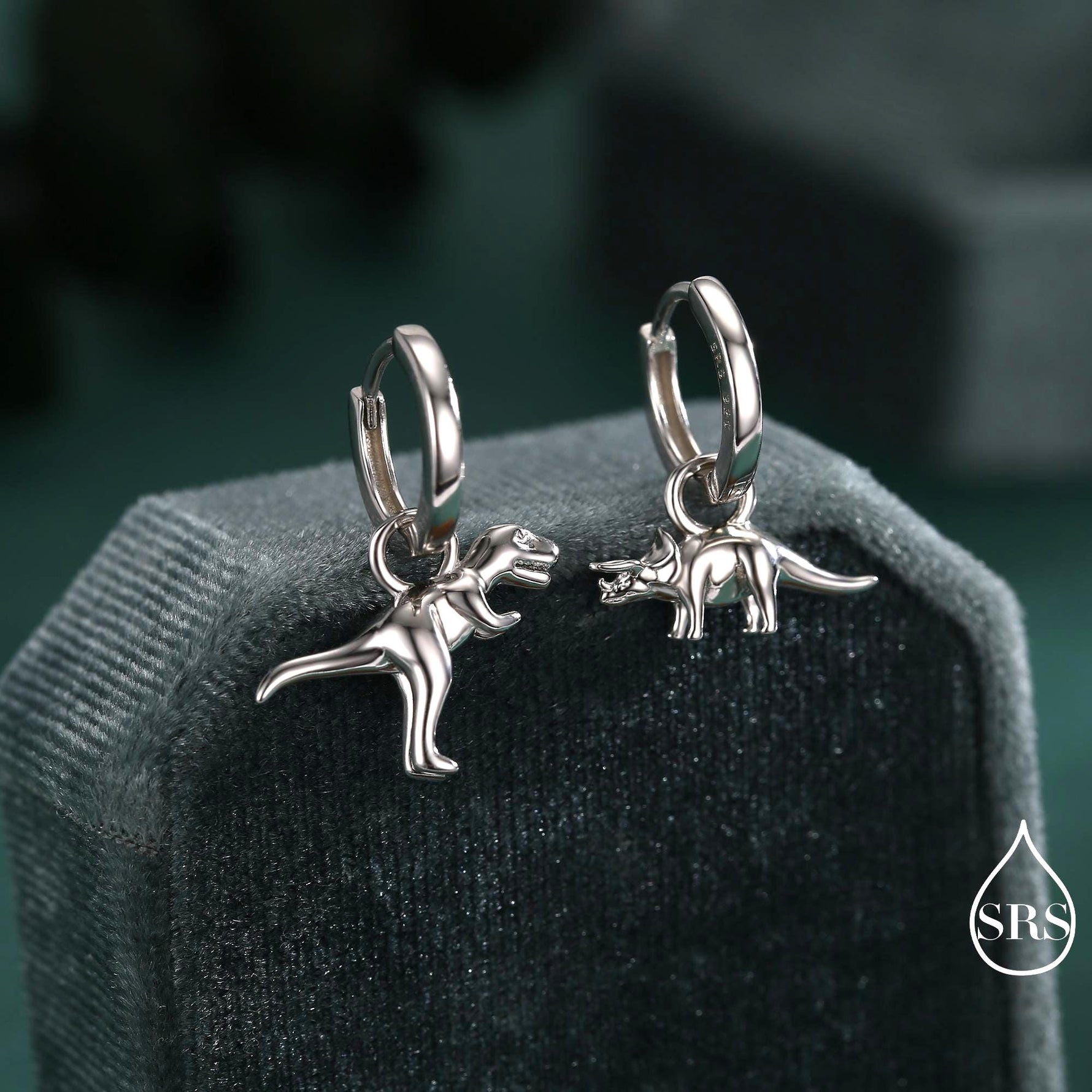 Sterling Silver Mismatched T-Rex and Triceratops Hoop Earrings – Dinosaur Jewellery for Prehistoric Lovers, with Detachable Charms