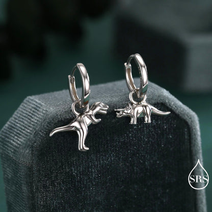 Sterling Silver Mismatched T-Rex and Triceratops Hoop Earrings – Dinosaur Jewellery for Prehistoric Lovers, with Detachable Charms