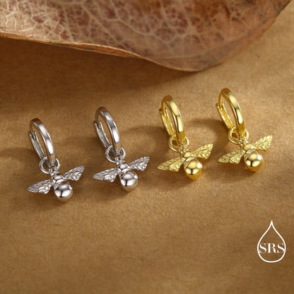 Sterling Silver Dangling Bee Hoop Earrings, Detachable Charm Dangle Hoop Earrings, Silver or Gold, Interchangeable
