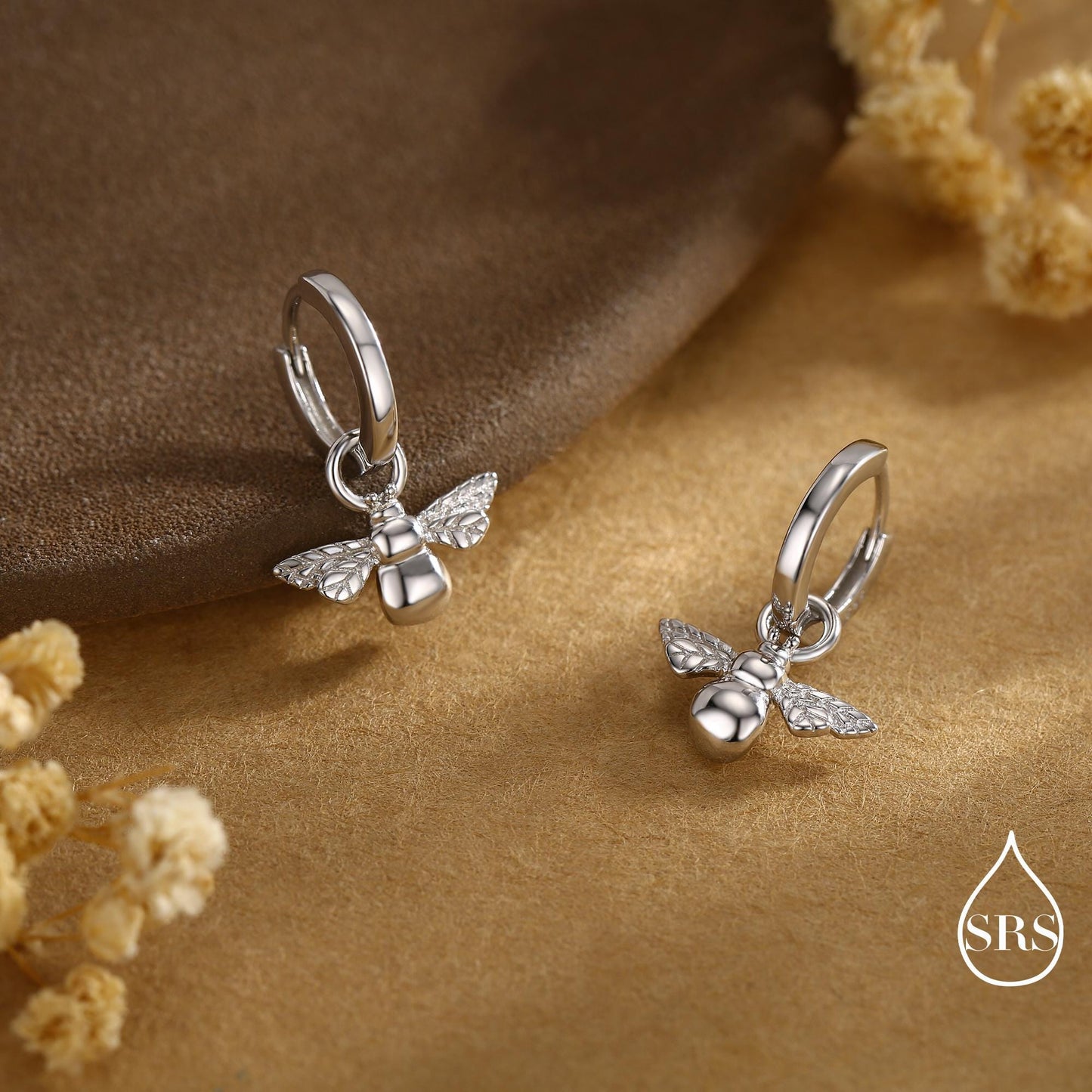 Sterling Silver Dangling Bee Hoop Earrings, Detachable Charm Dangle Hoop Earrings, Silver or Gold, Interchangeable
