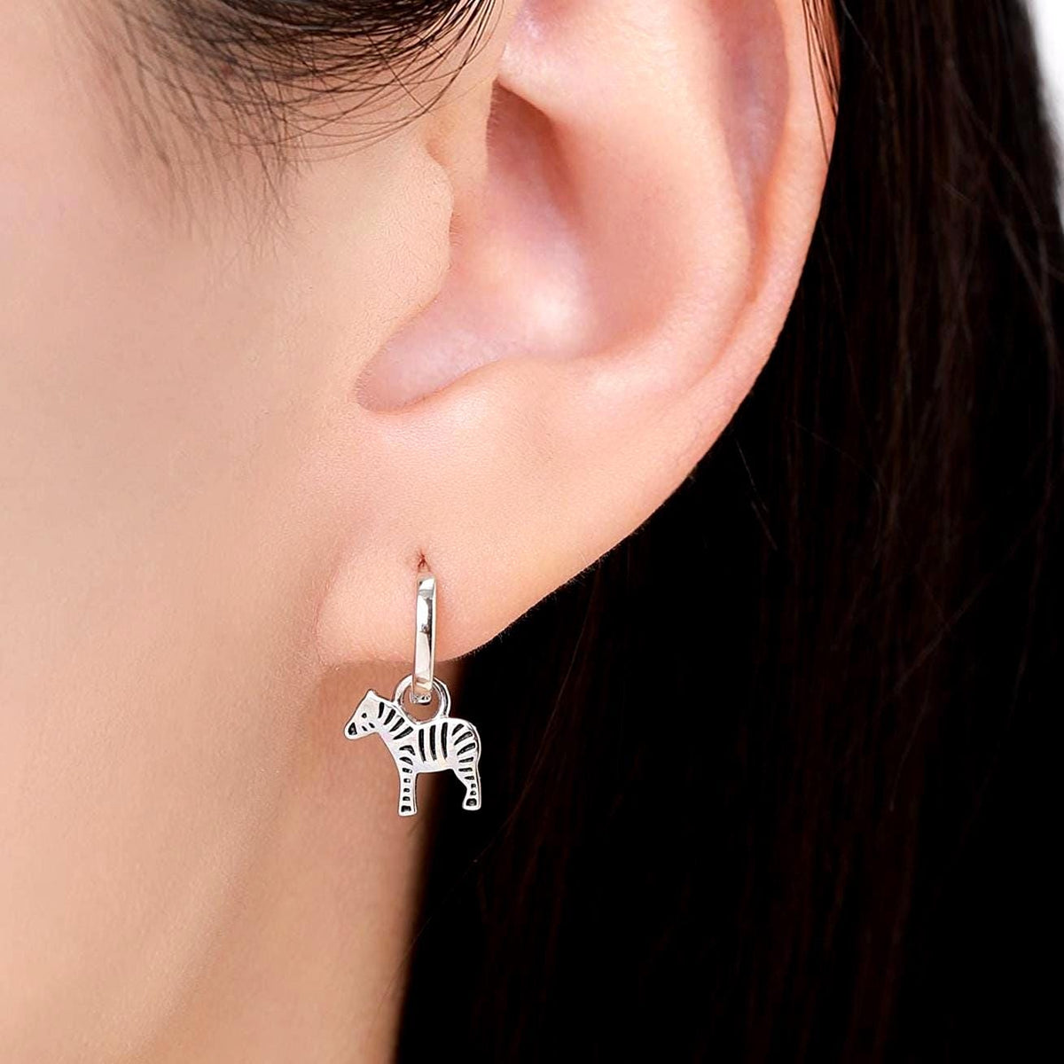 Sterling Silver Zebra Dangle Hoop Earrings, Silver or Gold, Zebra Huggie Hoops, Interchangeable Charms, Detachable