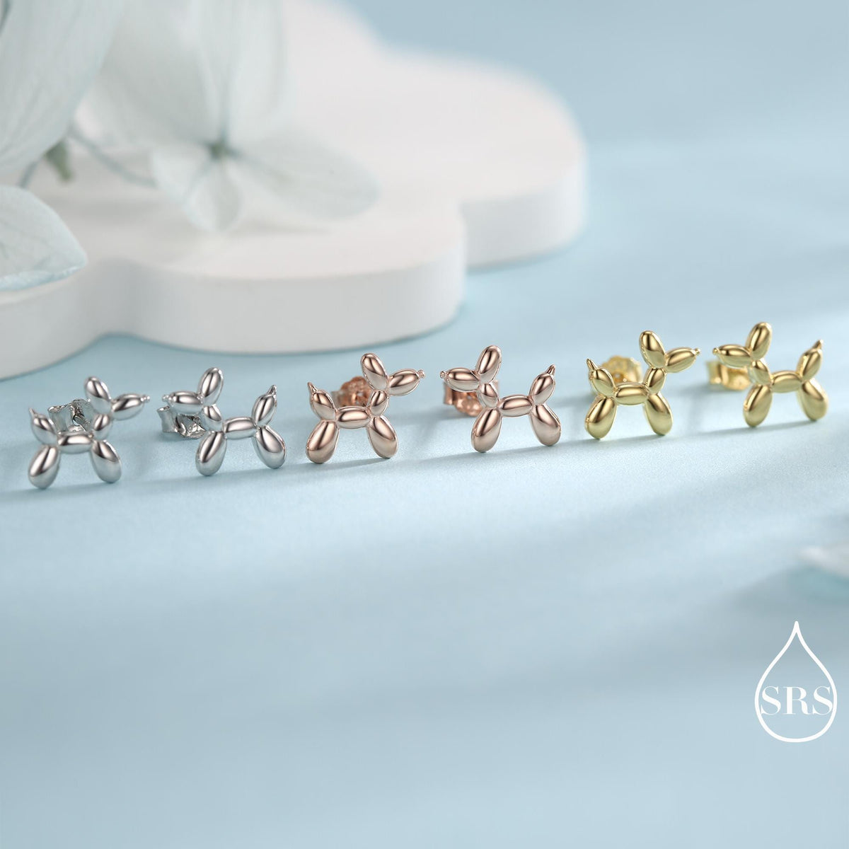 Balloon Dog Stud Earrings in Sterling Silver - Quirky Poodle Dog Earrings - Silver or Gold or Rose Gold, Fun, Whimsical and Pretty