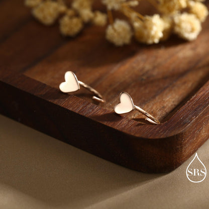 Tiny Heart Huggie Hoop Earrings in Sterling Silver, Silver, Gold or Rose Gold, Dainty Little Heart Open Threader, Threader Hoop Earrings