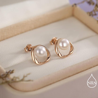 Genuine Freshwater Pearl and Mobius Circle Stud Earrings in Sterling Silver, Delicate Keshi Pearl Halo Earrings, Genuine Freshwater Pearls