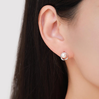 Genuine Freshwater Pearl and Mobius Circle Stud Earrings in Sterling Silver, Delicate Keshi Pearl Halo Earrings, Genuine Freshwater Pearls