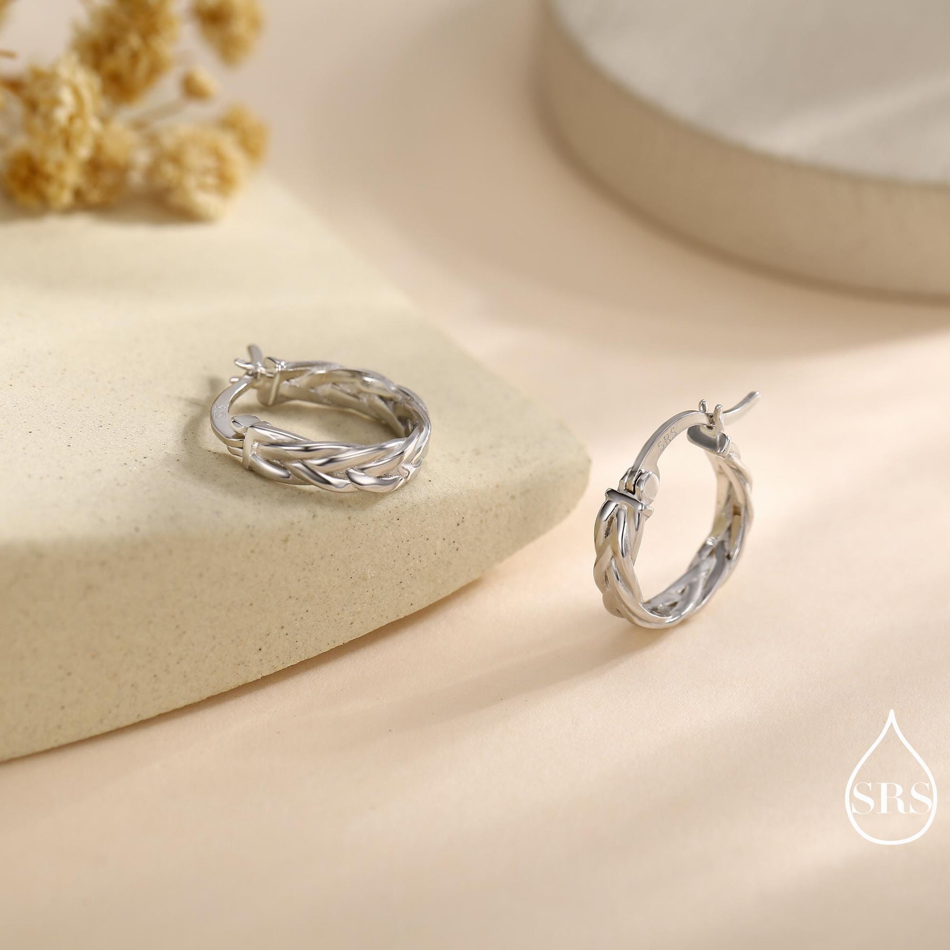 Braided Hoop Earrings in Sterling Silver, Silver or Gold or Rose Gold, Twist Hoops, Braid Geometric Hoop Earrings, 10mm Inner Diameter