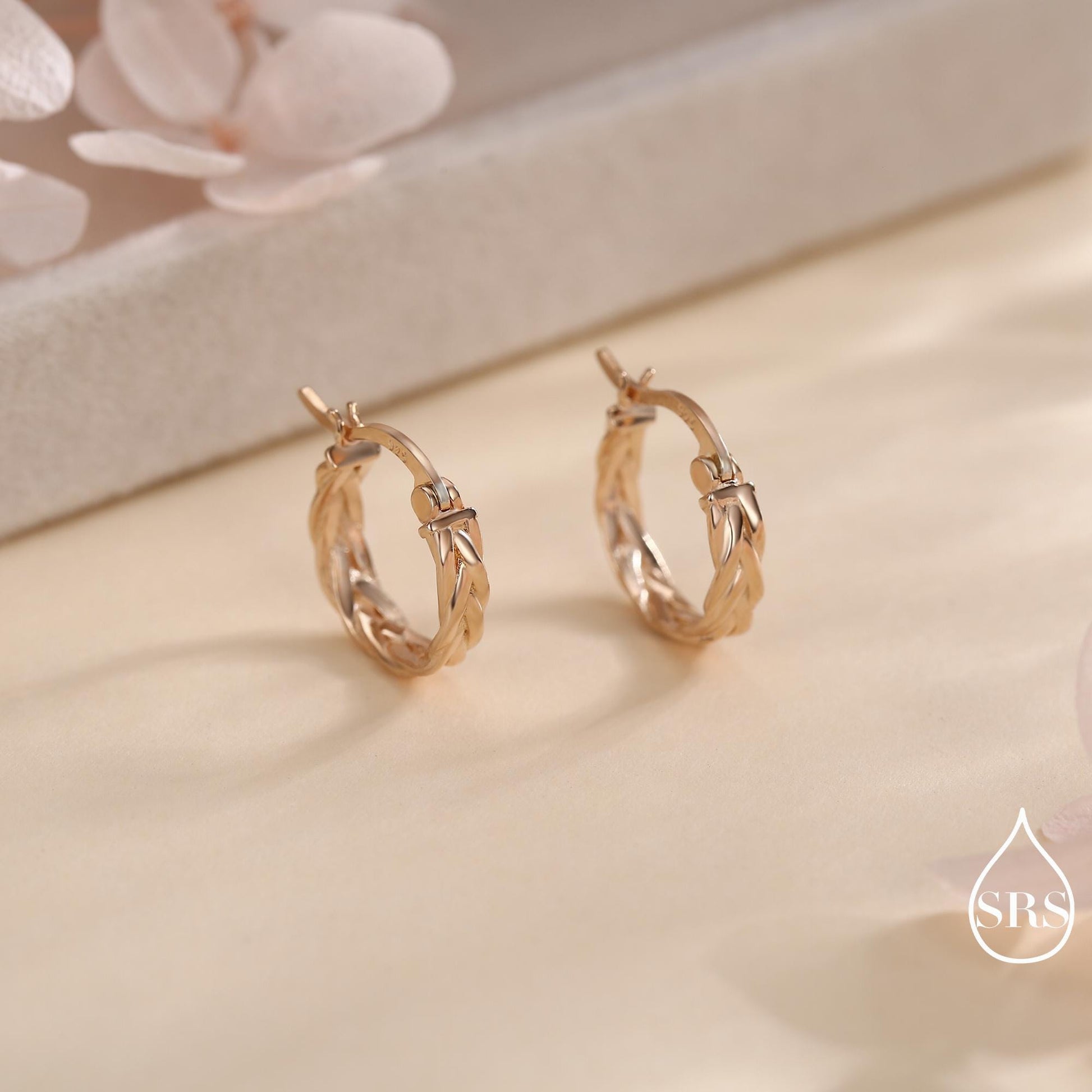 Braided Hoop Earrings in Sterling Silver, Silver or Gold or Rose Gold, Twist Hoops, Braid Geometric Hoop Earrings, 10mm Inner Diameter