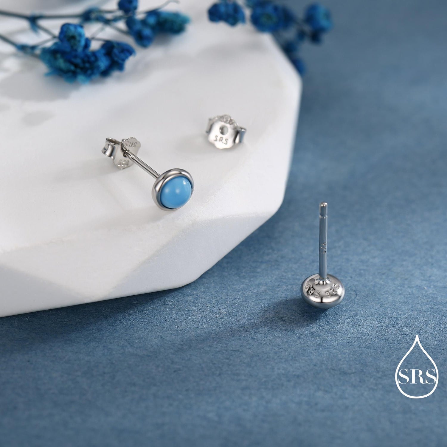 Sterling Silver Turquoise Stud Earrings, 3mm or 4mm, Colour Enhanced Blue Turquoise Gemstone Stud, Bezel, Minimalist December Birthstone